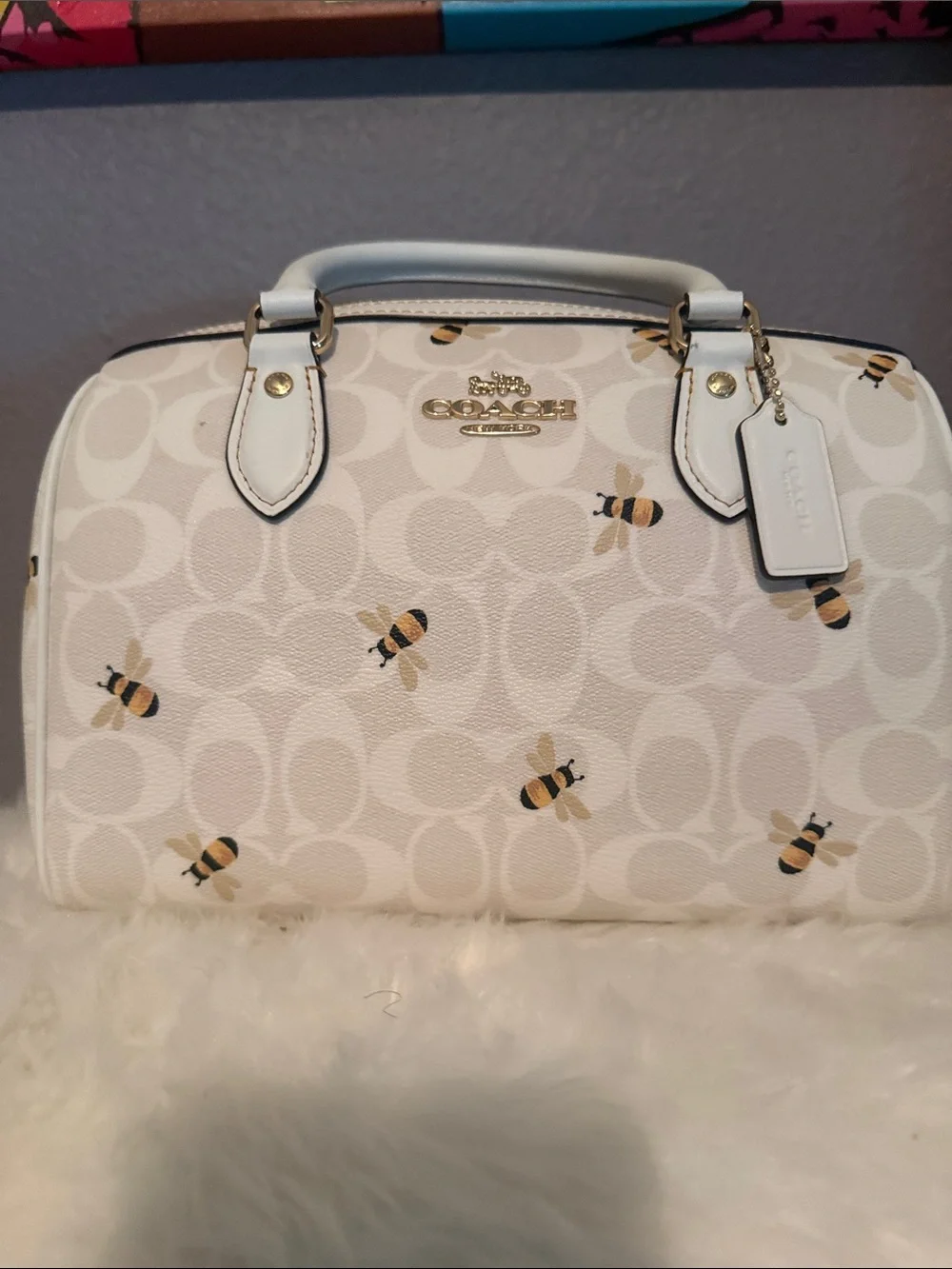 Coach White Bee Print Satchel with Gold Hardware